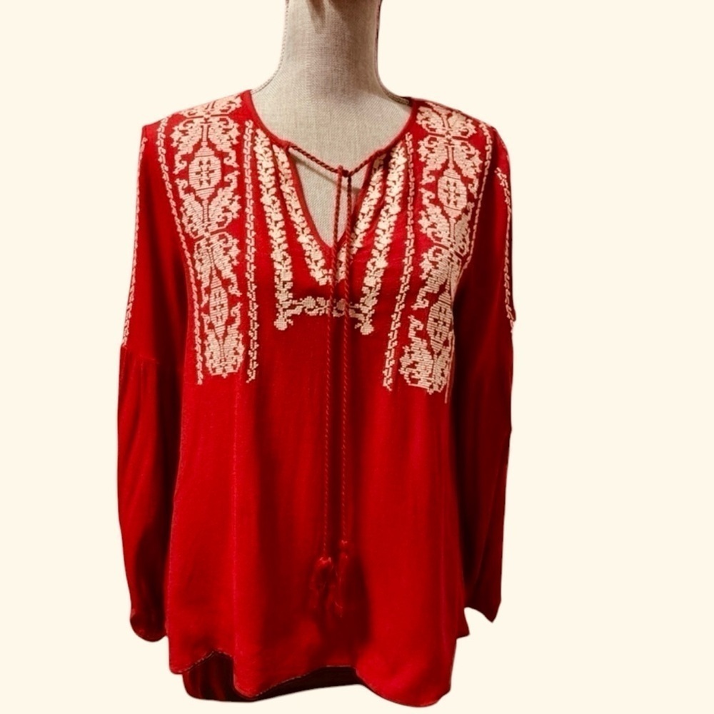 Sugar Lips Red Embroidered Boho Peasant Blouse Tassel Tie Long Sleeve Small - Picture 2 of 12